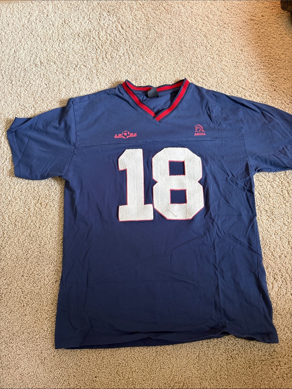 Urban Outfitters Navy Blue Short Sleeve Tee with White '18' and Red Trim